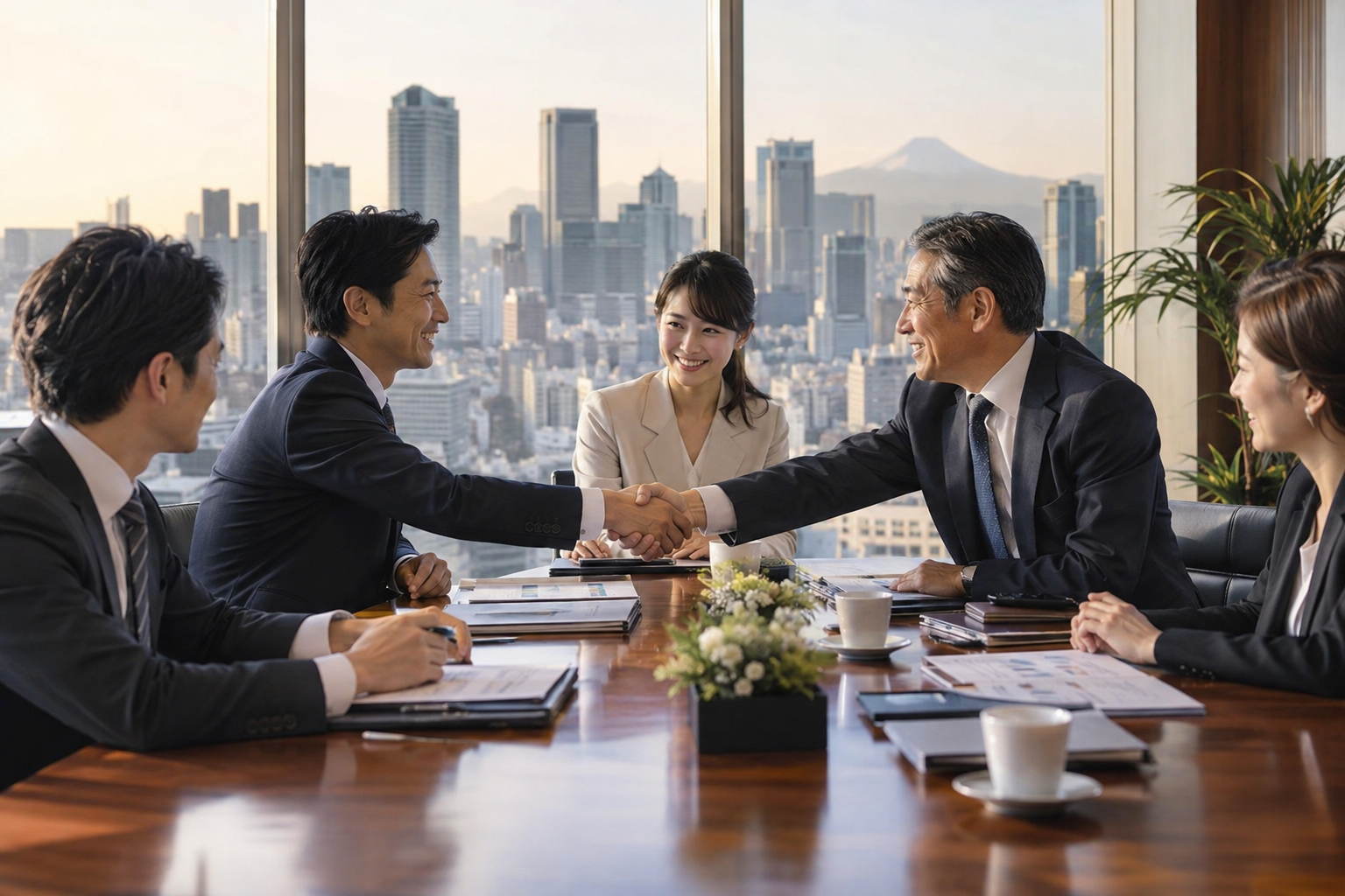 Korean and Japanese business executives meeting in a boardroom